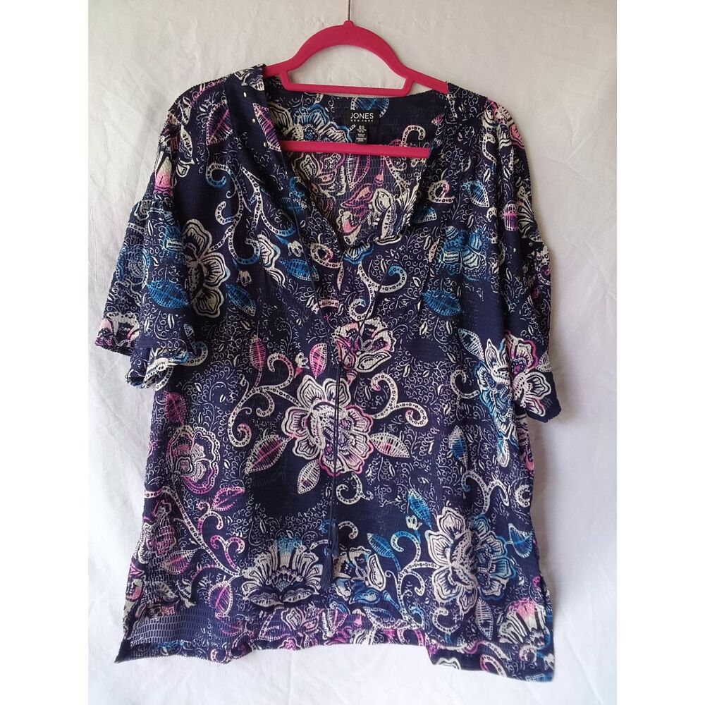 XL Jones NY Blue Pink Floral V-neck Short Sleeve Top